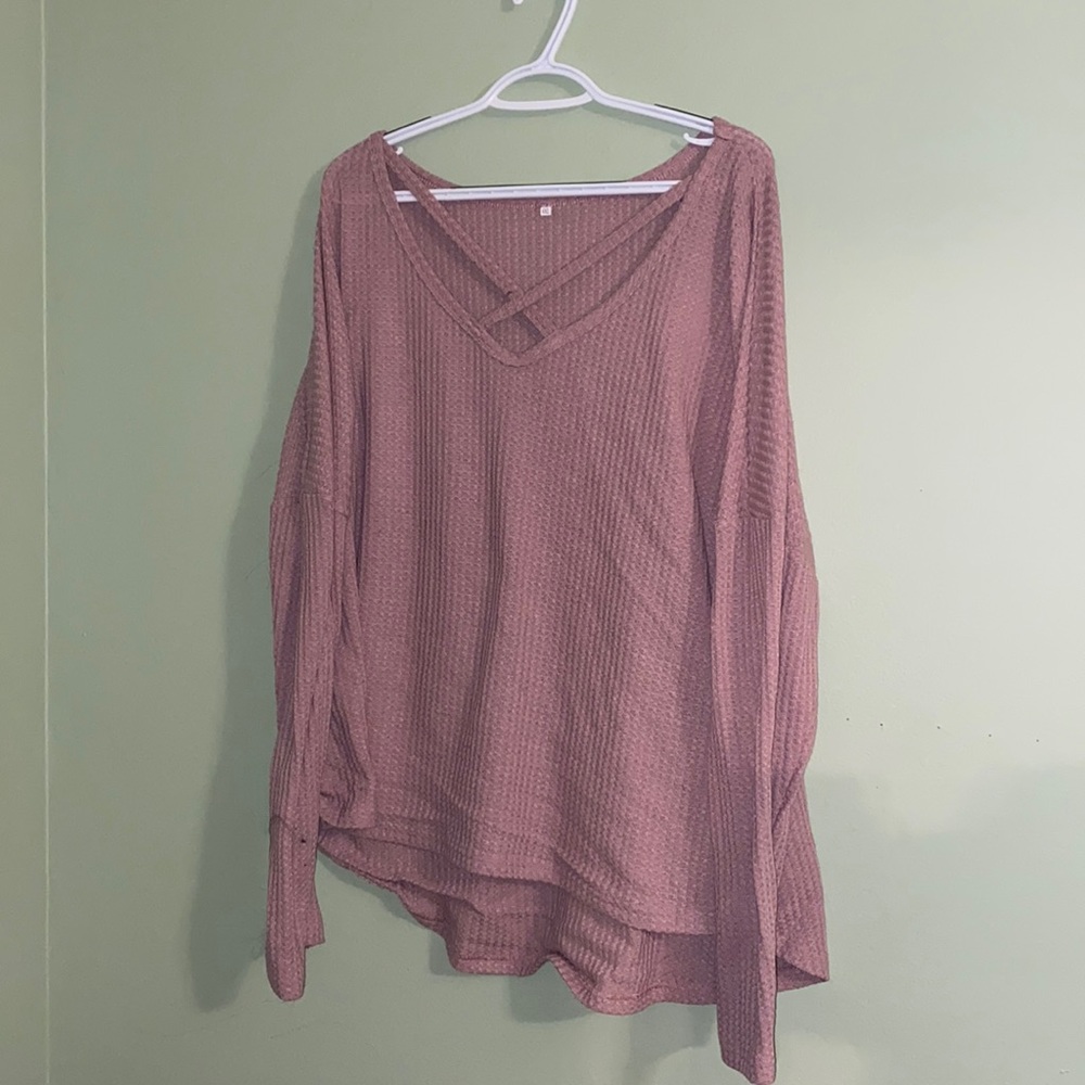 5/$25 SHEIN waffle knit criss cross strappy neck long sleeve shirt pink size 4x